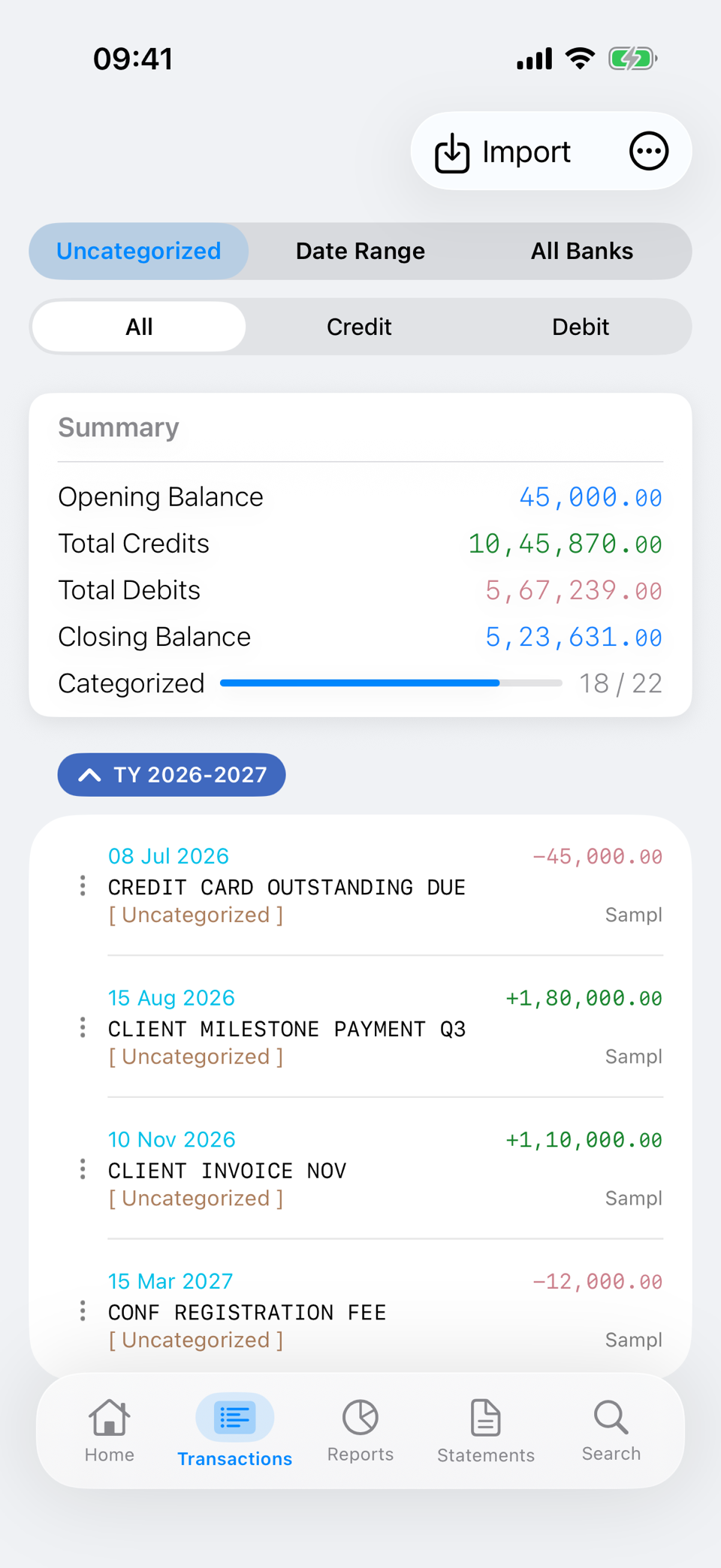 Transactions filtered to uncategorized, with the categorized progress bar at 18 of 22