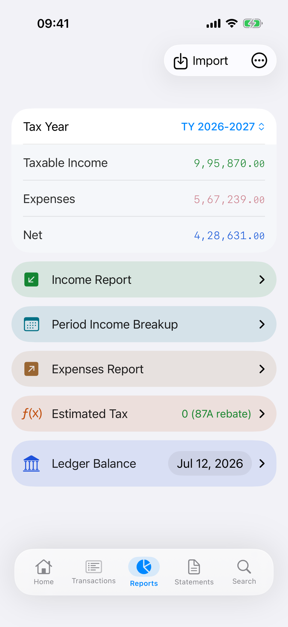 Reports screen showing taxable income, expenses, net, and the report list for a tax year