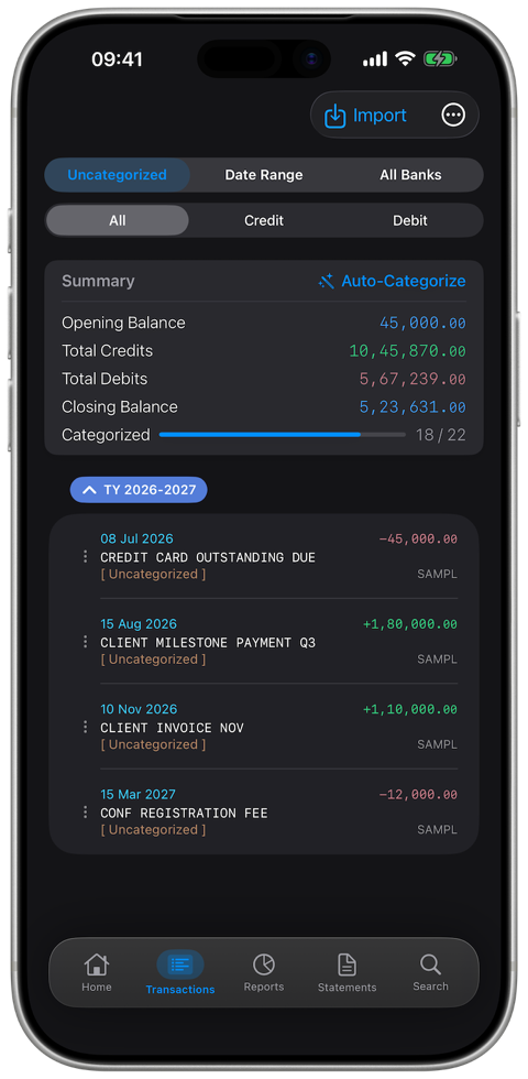 Transactions filtered to Uncategorized, with the categorized progress bar tracking 18 of 22