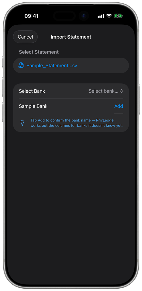 The guided sample import: Sample_Statement.csv selected, the bank field pre-typed with Sample Bank, and a tip pointing at Add