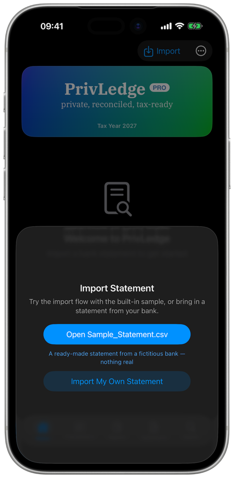 The Import Statement chooser on the empty Home screen: Open Sample_Statement.csv, or Import My Own Statement