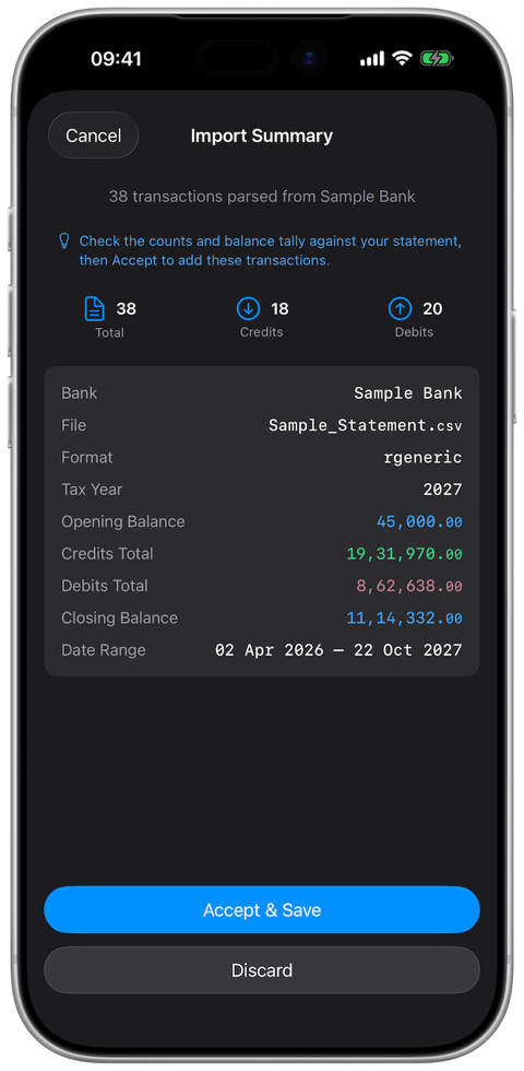 The import summary: parse counts, credit/debit totals, and the running-balance check before anything is saved