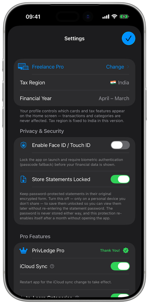 Privacy & Security in Settings: the Require Face ID / Touch ID switch, and Store Statements Locked