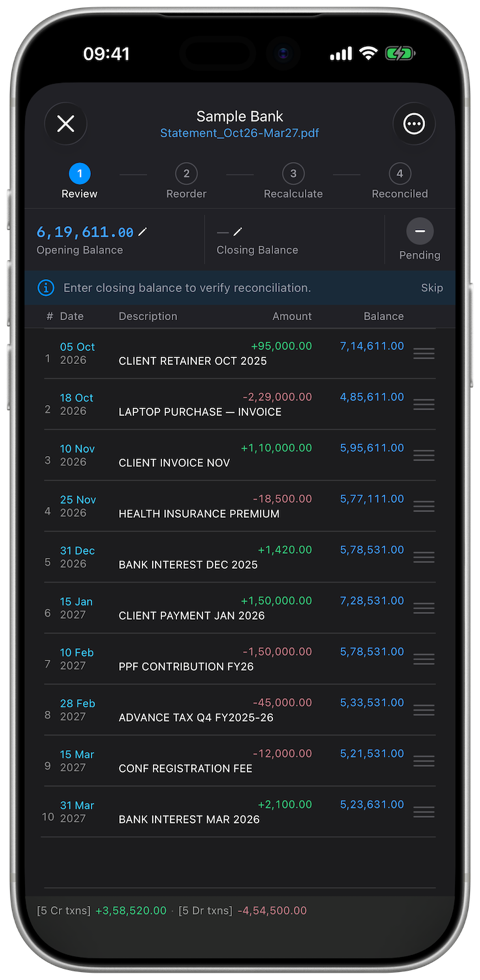 The reconciliation workspace: Review → Reorder → Recalculate → Reconciled, with the live running balance per row