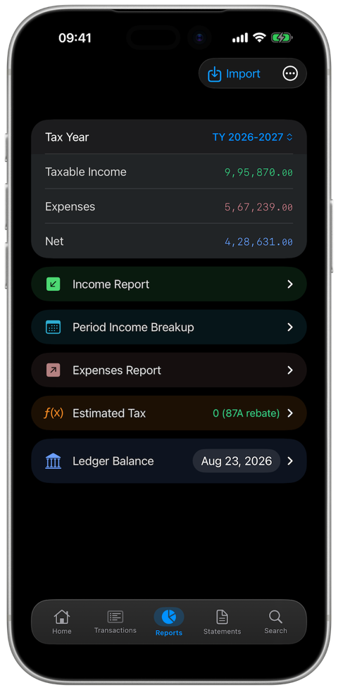 The Reports tab: taxable income, expenses, and net for the tax year, above the report list