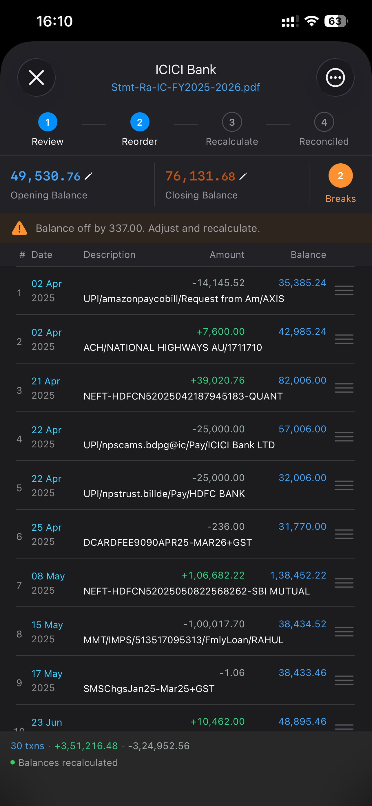 Reconciliation screenshot